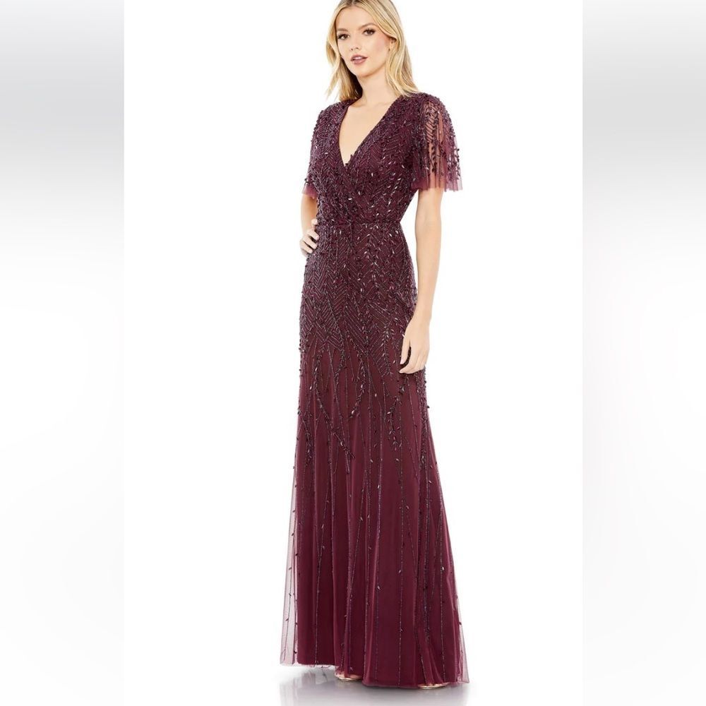Mac Duggal 35109 Beaded Flutter Sleeve Aubergine Gown, Size 24, New $698